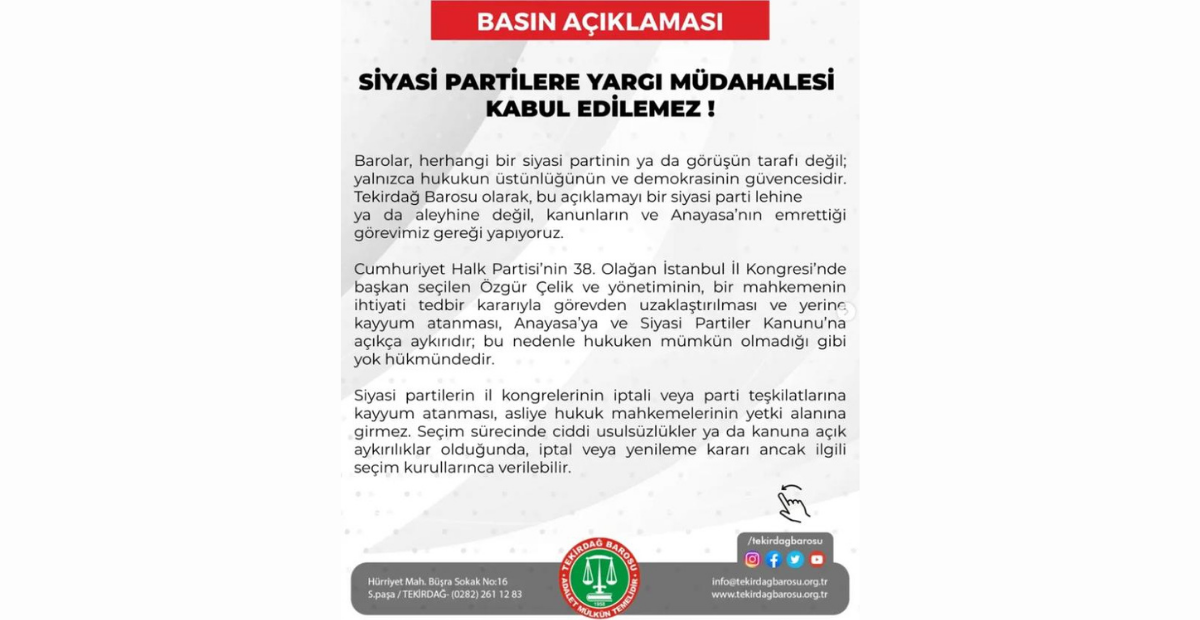 Tekirdağ Barosu’ndan CHP İstanbul İl Kongresi Kararıyla İlgili Açıklama